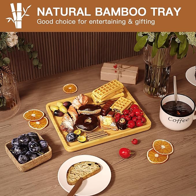 Square Bamboo Serving Tray with Handles - 9.4x7.4 Inch Rustic Wooden Platter for Coffee, Kitchen, Living Room & Party (Lightweight, Splinter-Free & Oil-Coated)