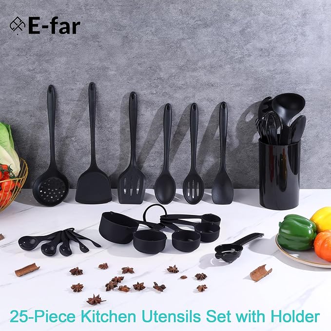 E-far Silicone Cooking Utensils Set, 25 Piece Kitchen Utensils with Holder, Non Toxic Kitchen Tools Spatula, Turner, Spoon, Ladle for Nonstick Cookware, Heat Resistant & Dishwasher Safe - Black