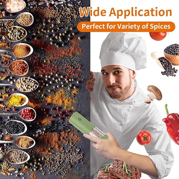 2Pack Electric Salt and Pepper Grinder Set USB Rechargeable with Warm LED Light, Adjustable Coarseness Lidaop Large Capacity Automatic Salt Pepper Mill Grinder for Kitchen, Restaurant, Outdoor, Green