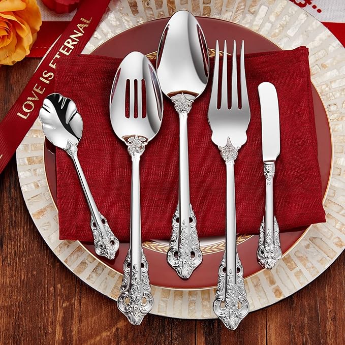 KEAWELL Luxury 45-Piece Silverware Set, 18/10 Stainless Steel, Service for 8, Mirror Finish, Antique Baroque Design, Dishwasher Safe (Silver)
