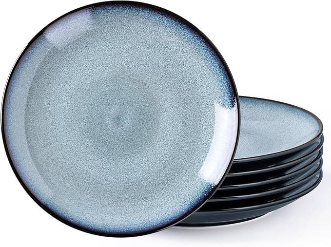 LERATIO Ceramic Dinner Plates Set of 6, 10.5 Inch Handmade Reactive Glaze Porcelain Plates, Coupe Shape Dinnerware Dishes Set for Kitchen,Oven& Microwave & Dishwasher Safe, Scratch Resistant-Gray Blue