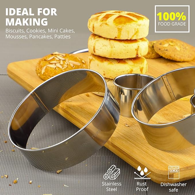 Cookie Cutter Set, 4 Pc. Kit, Measuring 2'', 3'', 4'' and 5'', Round Metal Baking Rings for Pastry, Biscuits, and Dough Cutting, Heavy Duty and Reusable, Multiple Sizes