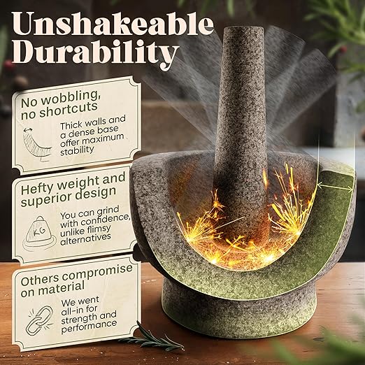 ChefSofi Mortar and Pestle Set - Black Polished Exterior - 1.5 Cup Capacity