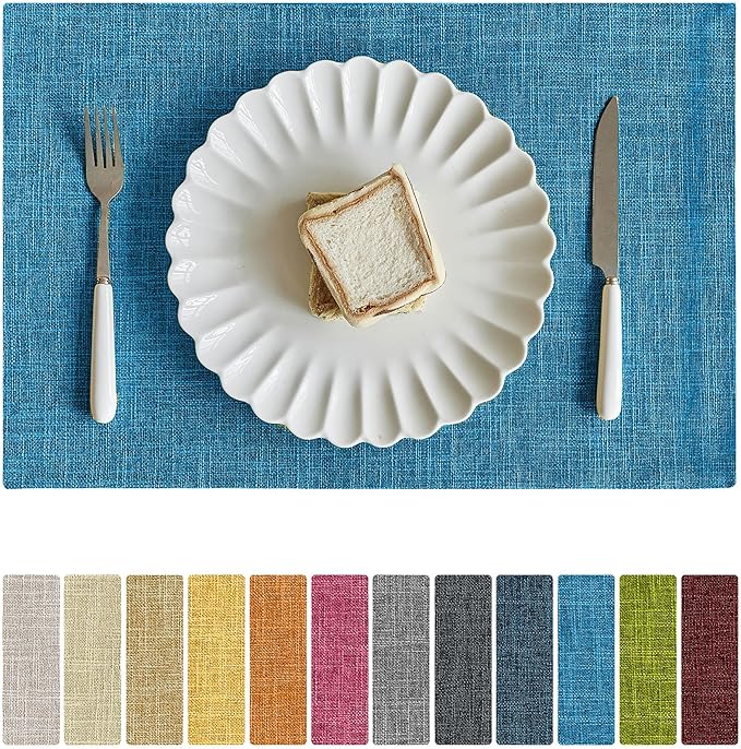 Softalker Faux Linen Placemats Set of 4-12 x 18 Inch, Heat Resistant Double Layered Durable Burlap Farmhouse Place Mats, Non-Slip Washable Rustic Table Mats for Dining, Kitchen, Party(Sky Blue