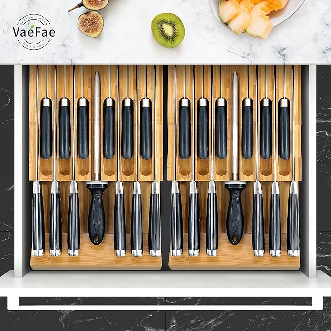 VaeFae Bamboo Knife Drawer Organizer, Knife Drawer Organizer Insert, Kitchen Drawer Knife Block for 12 Knives and a PLUS Slot for your Knife Sharpener (Without Knives)