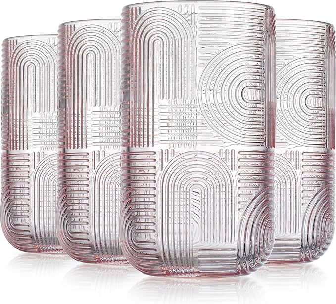 Glaver's Drinking Glasses, Set of 4 Pink Highball 17 Ounce Modern Embossed New Designed Kitchen Glasses Elegant Modern Glassware for Everyday Home or Bar Water Juice Cocktails. Urban Pattern
