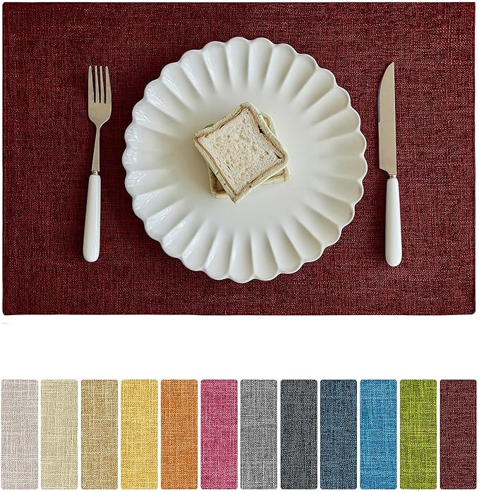 Softalker Faux Linen Placemats Set of 4-12 x 18 Inch, Heat Resistant Double Layered Durable Burlap Farmhouse Place Mats, Non-Slip Washable Rustic Table Mats for Dining, Kitchen, Party(Red