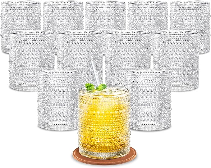 12 OZ Hobnail Drinking Set of 12 – Vintage Embossed Glassware, Textured Tumblers for Water, Beer, Cocktails, Mocktails, Whiskey & More – Includes Straws and Coasters – Clear