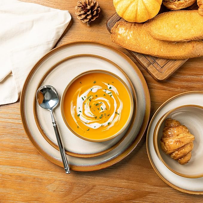 LERATIO Ceramic Dinnerware Sets for 4,12 Pieces Poreclain Plates and Bowls Sets,Scratch Resistant Dishes,Dishwasher & Microwave Safe,Oven Safe Dishes Set,Service for 4-Kahki