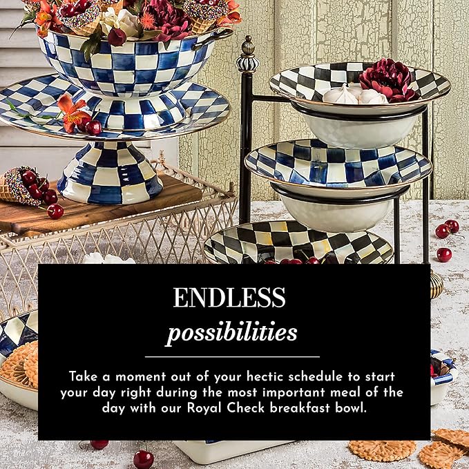 MACKENZIE-CHILDS Enamel Breakfast Bowl, Unique Soup Bowl or Cereal Bowl, Dinnerware, Blue-and-White Royal Check, Set of 1