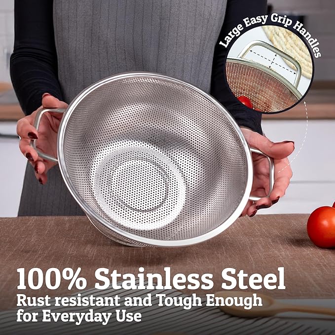 PriorityChef Premium Stainless Steel Colander for Kitchen, Durable Rice and Pasta Strainer with Handle, Rust-Resistant & Dishwasher Safe, 3/4/5 Qt