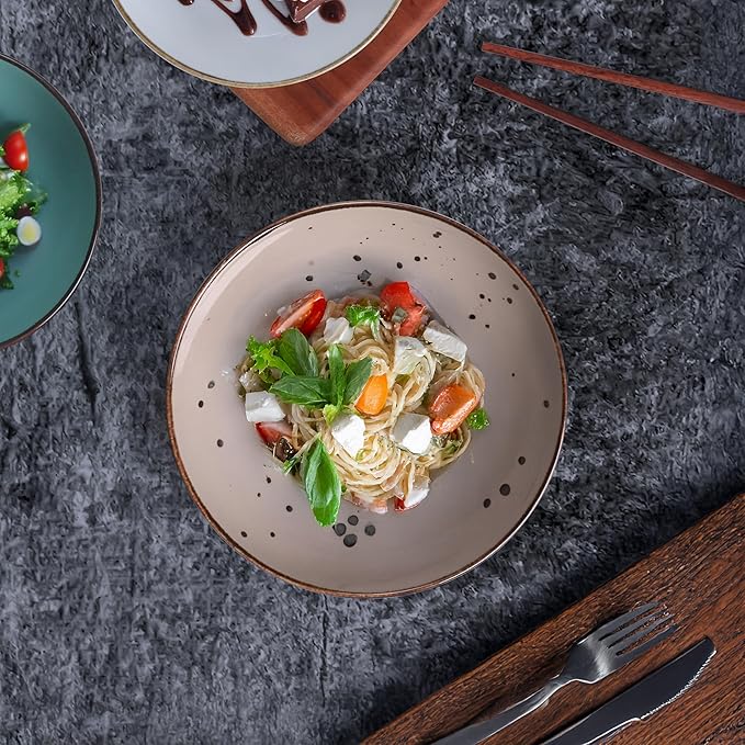 Esfour 8 Inch Porcelain Pasta Bowl, 16 Ounce Salad Bowls, Microwave & Dishwasher Safe, Sturdy & Stackable, Set of 6 Ceramic Bowl Plate Set, Wide Shallow Salad Bowls, Natural Assorted Colors