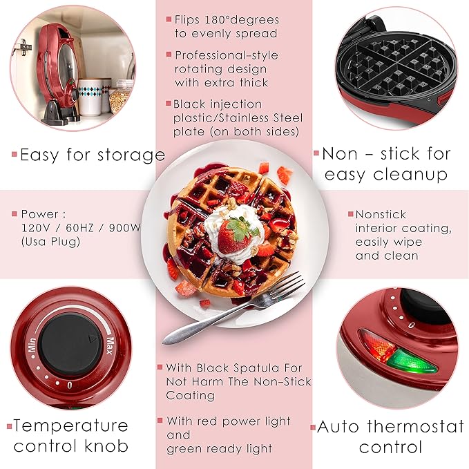 Moss & Stone Red Belgian Waffle Maker, Electric Waffle Machine, Flips & Non-Stick Grids, Temperature Control, Round Waffle