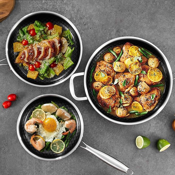 10-Inch Non Stick Frying Pans, NonStick Stainless Steel Pan Set, Tri-Ply Skillets and Pan Set with Lid, Induction Cooker Compatible, Cool-Touch Handle, Dishwasher and Oven Safe