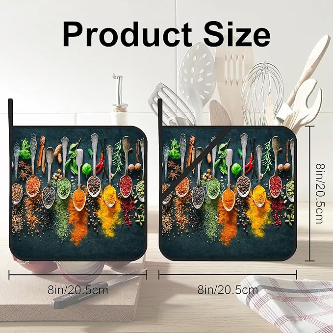 Colourful Various Herbs Pot Holders Set of 2 Heat Resistant & Non Slip Potholders, Spices for Cooking Oven Hot Pads for Kitchen Cooking Baking Barbecue