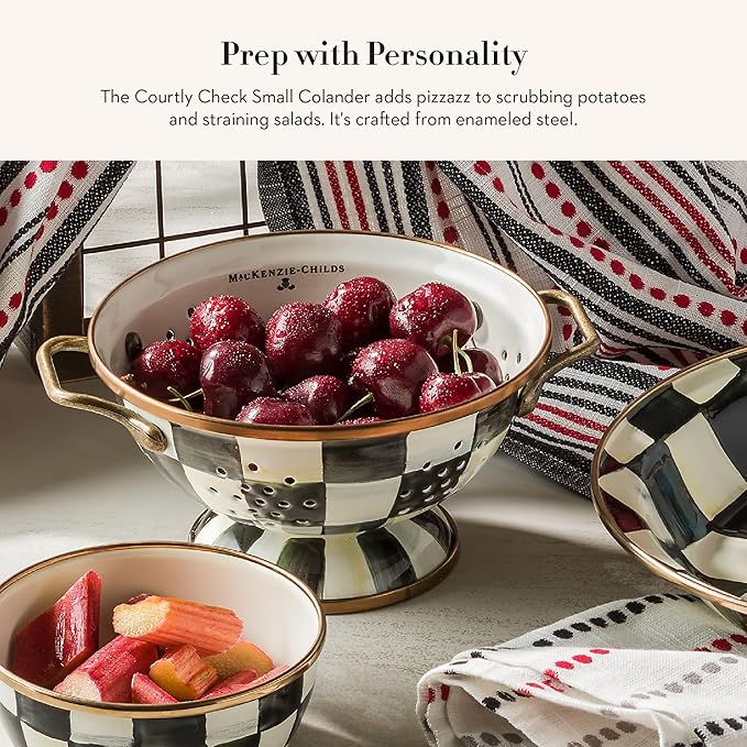 MACKENZIE-CHILDS Enamel Colander, Decorative Kitchen Strainer, Small, Black-and-White Courtly Check