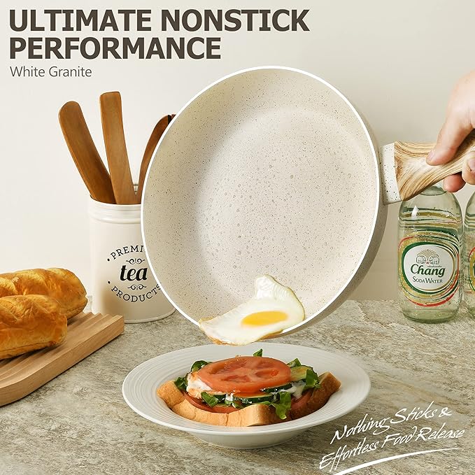 MICHELANGELO Granite Frying Pans, 8 Inch, 9.5 Inch and 11 Inch Nonstick Frying Pan Set with Anti-Scald Handle, White