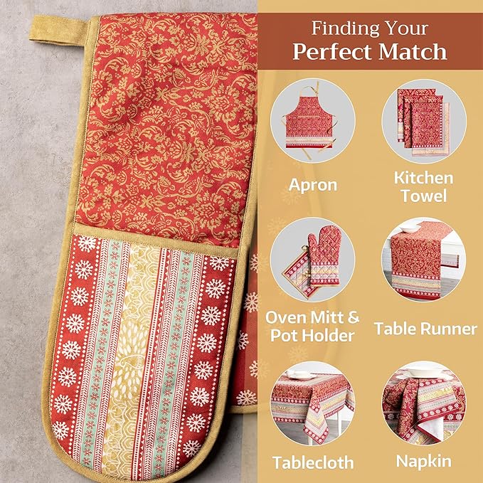 Maison d' Hermine Double Oven Mitts 100% Cotton 7"x35" Double Oven Mitt Heat Resistant BBQ Cooking Gloves with Loop, Baking, Grilling, Home, Kitchen, Handling Hot Pans (Sofia)