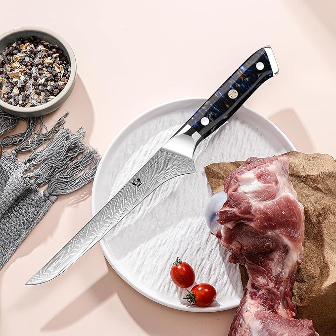 WILDMOK Boning Knife - 7 Inch Damascus Japanese Trimming Knife, Professional Grade, Resin Full Tang Handle