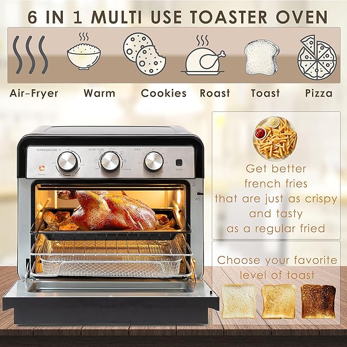 Moss & Stone Air Fryer Oven, 6-in-1 Toaster Oven 23 Quart, Airfryer Toaster Oven For Roast, Bake, Broil, Stainless Steel Accessories Included, Black Convection Oven Countertop.
