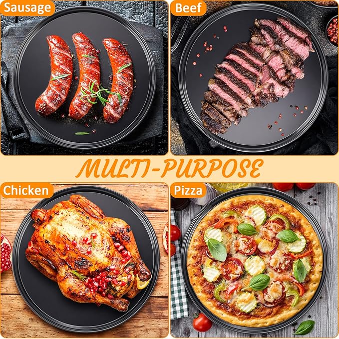 Meanplan 8 Pcs Non Stick Bakeware Pizza Pan Round Pan for Oven Carbon Steel Oven Tray Pie Baking for Home Restaurant Kitchen Baking Supplies, Black(12 Inch)