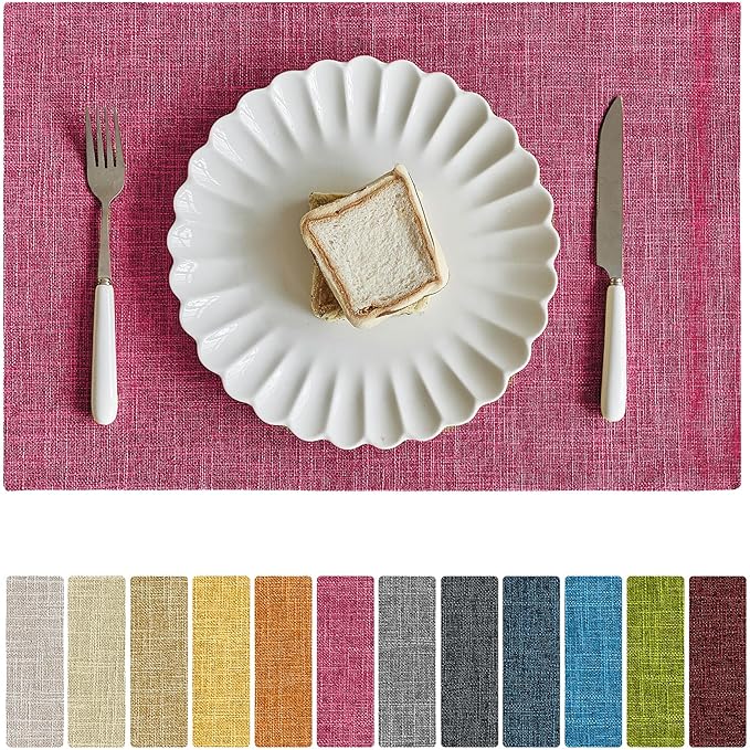Softalker Faux Linen Placemats Set of 8-12 x 18 Inch, Heat Resistant Double Layered Durable Burlap Farmhouse Place Mats, Non-Slip Washable Rustic Table Mats for Dining, Kitchen, Party(Pink