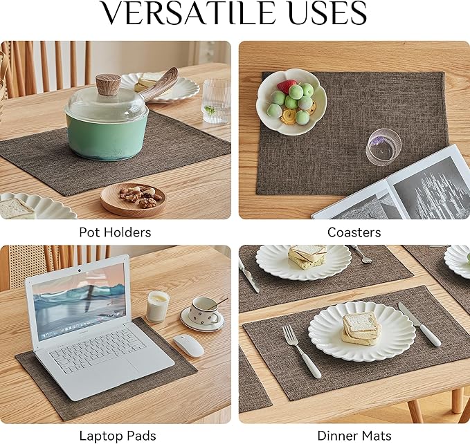Softalker Faux Linen Placemats Set of 8-12 x 18 Inch, Heat Resistant Double Layered Durable Burlap Farmhouse Place Mats, Non-Slip Washable Rustic Table Mats for Dining, Kitchen, Party(Brown