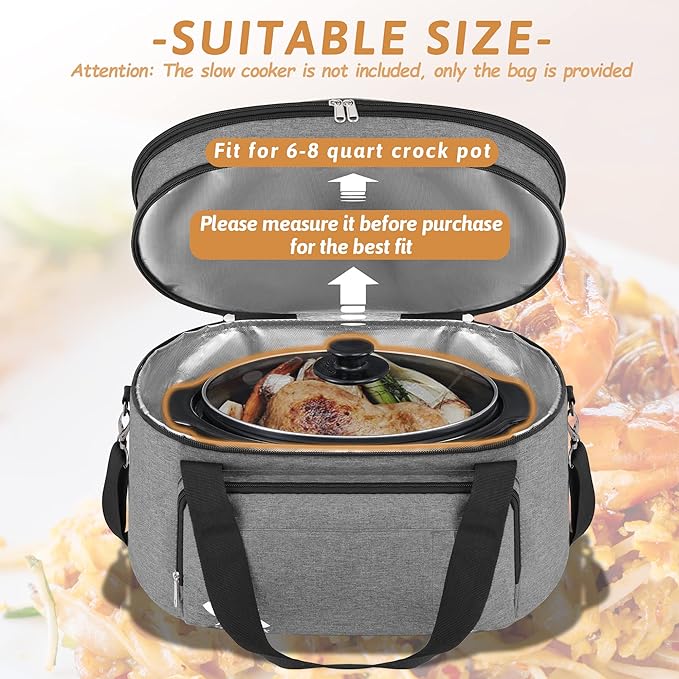 Golkcurx Double Layer Slow Cooker Bag for 6-8 Quart Oval CrockPot and Hamilton Beach Models, with Padded Adjustable Strap, Top Zip Compartment, and Front Pocket for Utensils(Bag Only)
