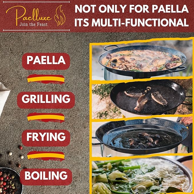 Paella Pan – Enamelled, No-Rust Steel Skillet – Perfect for Propane & Gas Burners – Indoor & Outdoor Cooking Cacerola Paellera Sarten – 18 Inch, for 12 Servings