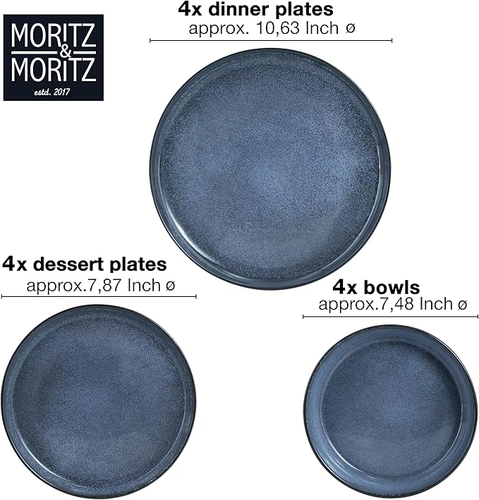 VIDA 12-Piece Porcelain Dinnerware Plate Set for 4 | Includes 4 Dinner Plates, 4 Dessert Plates, 4 Bowls | Modern Blue Ceramic Tableware, Stoneware Look, Microwave & Dishwasher Safe Dishes