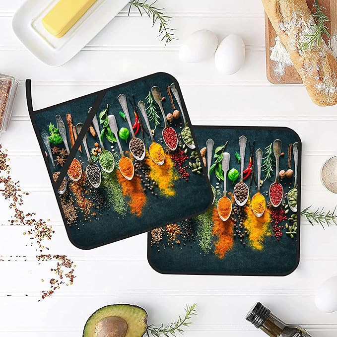 Colourful Various Herbs Pot Holders Set of 2 Heat Resistant & Non Slip Potholders, Spices for Cooking Oven Hot Pads for Kitchen Cooking Baking Barbecue