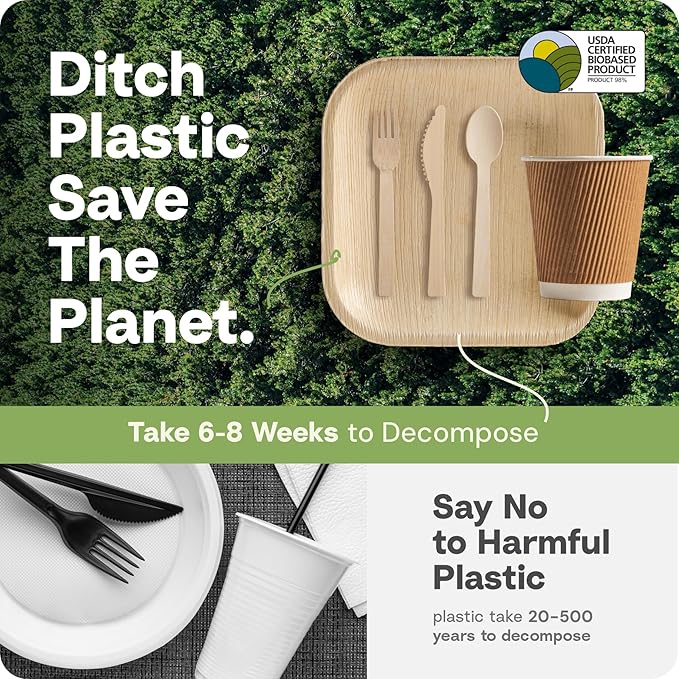 Palm Leaf Bamboo Plates & Pre-Rolled Bamboo Cutlery Party Set - 10 & 7'' Compostable Plates Elegant Pre-Rolled Utensils, Napkins , Cups for Weddings, Events, and Special Occasions For 30 Guests