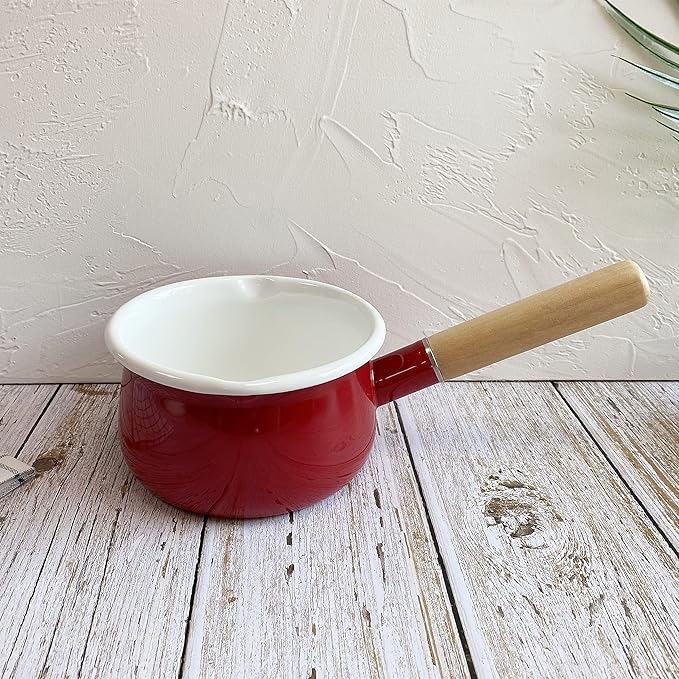 Enamel Milk Pan with Dual Pour Spout Butter Warmer Milk Pot for Stove Top Healthy White Enameled Inside Coating Iron 1QT Small Soup Pot with Wooden Handle (Red)