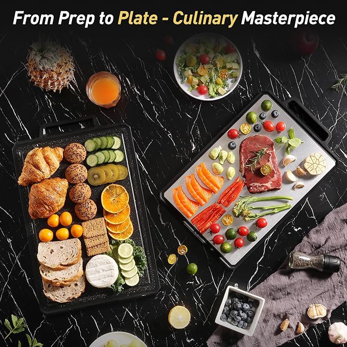 Titanium Cutting Boards for Kitchen Chopping Board with Handle Large Big Small Kitchen Meat Butcher Block 2 in 1 Pure Titanium and Wheat Straw PP Not Wood Bamboo Plastic Silicone Teak Black/Grey