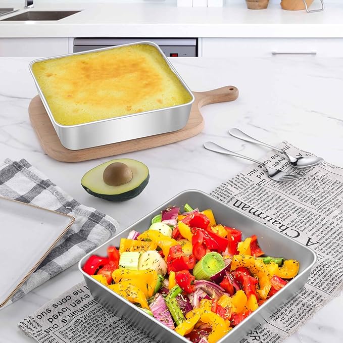 Herogo 8 x 8 Baking Pan Set of 2 for Oven, Stainless Steel Square Cake Pan for Lasagna Brownies Casseroles Cakes, Dishwasher Safe & Durable