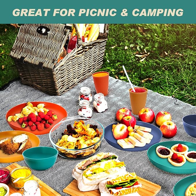 Wheat Straw Dinnerware Sets for 8, Osonm 24PCS Unbreakable Reusable Plastic Plates Bowls Cups Set, Dishwasher Microwave Safe Dishes Set for Camping, RV, Picnic, Kitchen, Dorm (Multicolor)