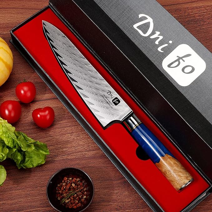 Chef Knife 8 Inch, Damascus VG-10 Steel Sharp Japanese Kitchen Knife with Gift Box and Resin Wood Handle, Ideal Birthday Gift for Men and Women
