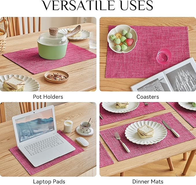 Softalker Faux Linen Placemats Set of 8-12 x 18 Inch, Heat Resistant Double Layered Durable Burlap Farmhouse Place Mats, Non-Slip Washable Rustic Table Mats for Dining, Kitchen, Party(Pink