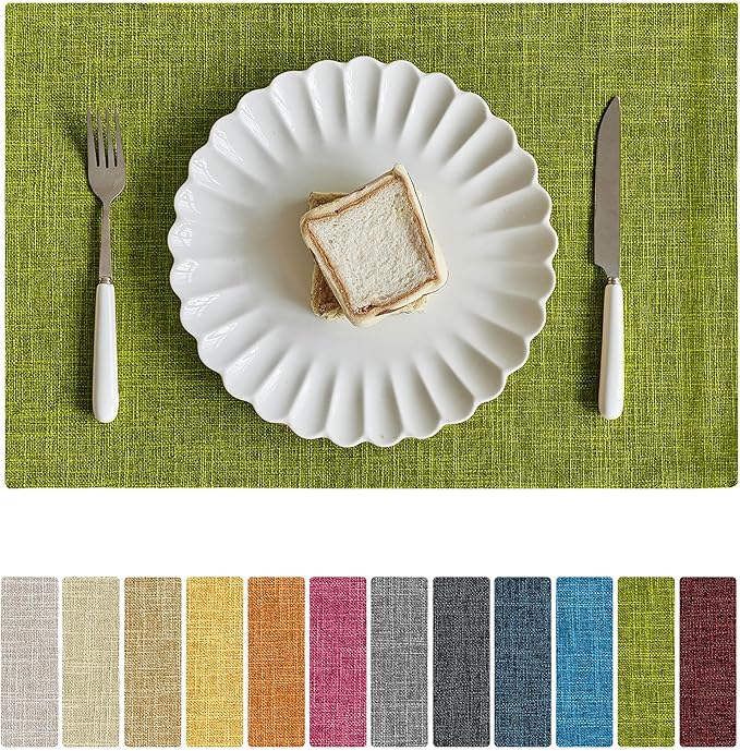 Softalker Faux Linen Placemats Set of 8-12 x 18 Inch, Heat Resistant Double Layered Durable Burlap Farmhouse Place Mats, Non-Slip Washable Rustic Table Mats for Dining, Kitchen, Party(Lime Green
