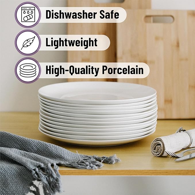 Brew To A Tea White Porcelain Dinner Plates, Set of 6, 10.5 Inch, Classic Style, Porcelain Construction, Dinner Plates