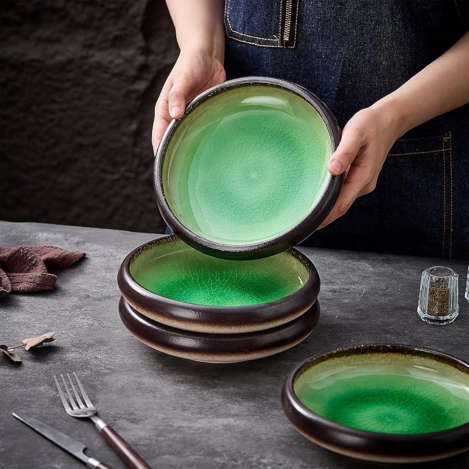 Ceramic Dinner Plates Set of 4, 8 Inch Large Porcelain Pasta and Salad Plates, Stoneware Plate Set for 4, Handmade Round Dishes for Home Decor, Microwave,Oven,and Dishwasher Safe, Green