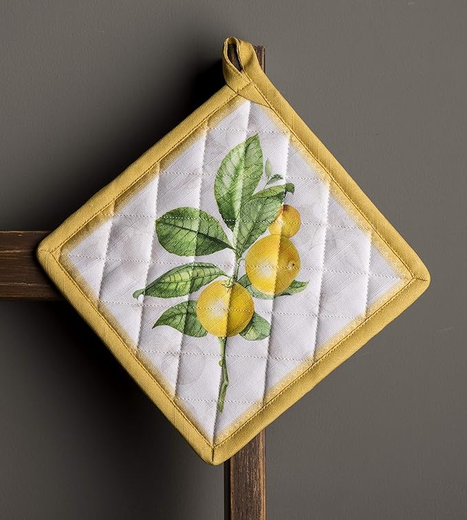 Maison d' Hermine Pot Holders Set 100% Cotton Heat Resistant Potholders 8" x 8" Hot Pads with Loop BBQ, Cooking, Baking, Grilling, Kitchen, Handling Hot Pans Spring/Summer (Pack of 2, Limoncello)