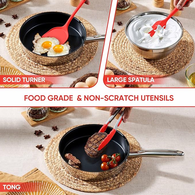 Herogo Silicone Cooking Utensils Set, 7-Piece Kitchen Utensils Set, Heat Resistant Cooking Gadget Tools Slotted Turner, Spoon, Soup Ladle, Pasta Server, Spatula, Tongs for Nonstick Cookware, Red