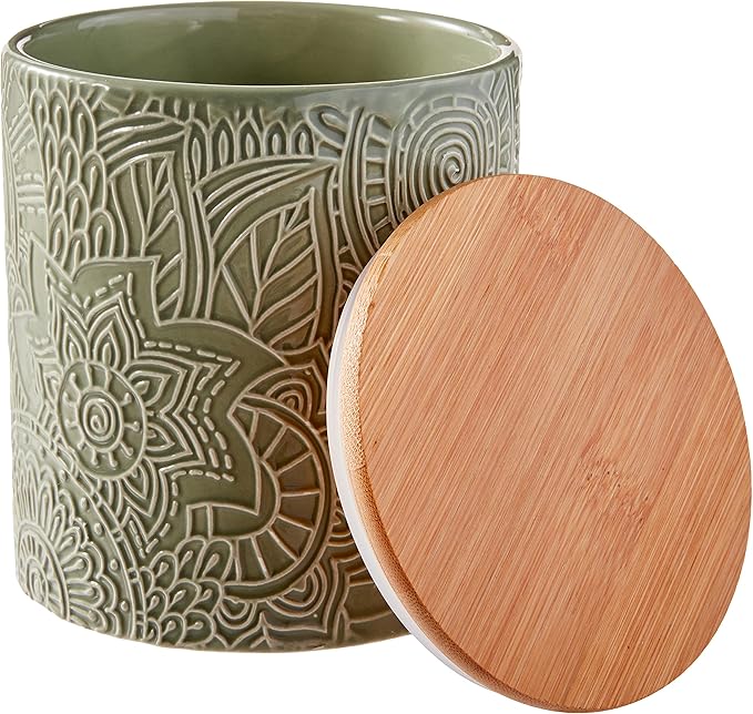 American Atelier Embossed Canister Set 4-Piece Ceramic Set Jar Container with Wooden Lids for Cookies, Candy, Coffee, Flour, Sugar, Rice, Pasta, Cereal & More Sage