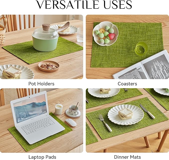 Softalker Faux Linen Placemats Set of 8-12 x 18 Inch, Heat Resistant Double Layered Durable Burlap Farmhouse Place Mats, Non-Slip Washable Rustic Table Mats for Dining, Kitchen, Party(Lime Green