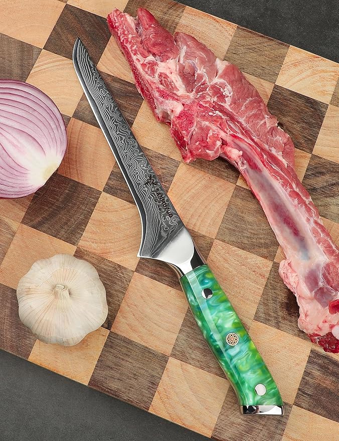 7 inch Fillet Knife, VG10 Damascus Steel Fish Boning Knife with Resin Handle - Xuan Series (Jade Green)