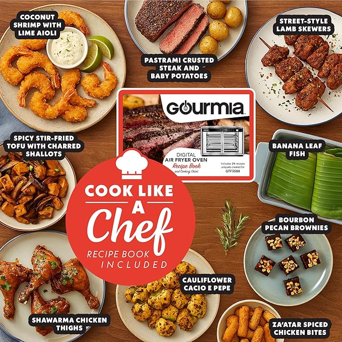Gourmia French Door Digital Air Fryer Oven - 25-Quart XL Capacity, 12 Presets, Touchscreen, FryForce 360° Tech, Dehydrate, Proof, Slow Cook, Fits 13” Pizza, 1700W, White