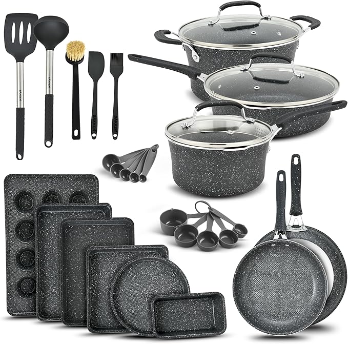 Pots and Pans Set, 23-Piece Non Stick Cookware & Bakeware Sets with Plaid Pattern, Stackable Design, Dishwasher Safe, Stain-resistant, Oven & All-Stove Safe, Tempered Glass Lid, Dark Gray