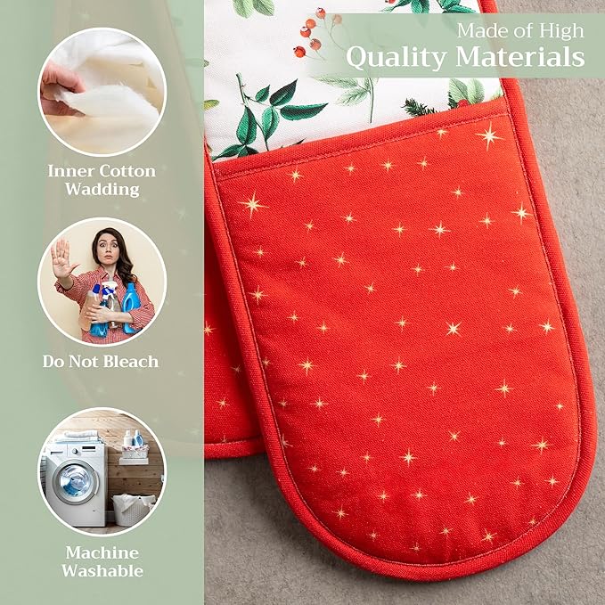 Maison d' Hermine Double Oven Mitts 100% Cotton 7"x35" Double Oven Mitt Heat Resistant BBQ Cooking Gloves with Loop, Baking, Grilling, Home, Kitchen, Handling Hot Pans (Noel)
