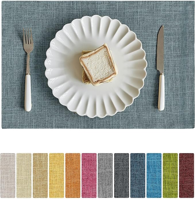 Softalker Faux Linen Placemats Set of 8-12 x 18 Inch, Heat Resistant Double Layered Durable Burlap Farmhouse Place Mats, Non-Slip Washable Rustic Table Mats for Dining, Kitchen, Party(Light Blue